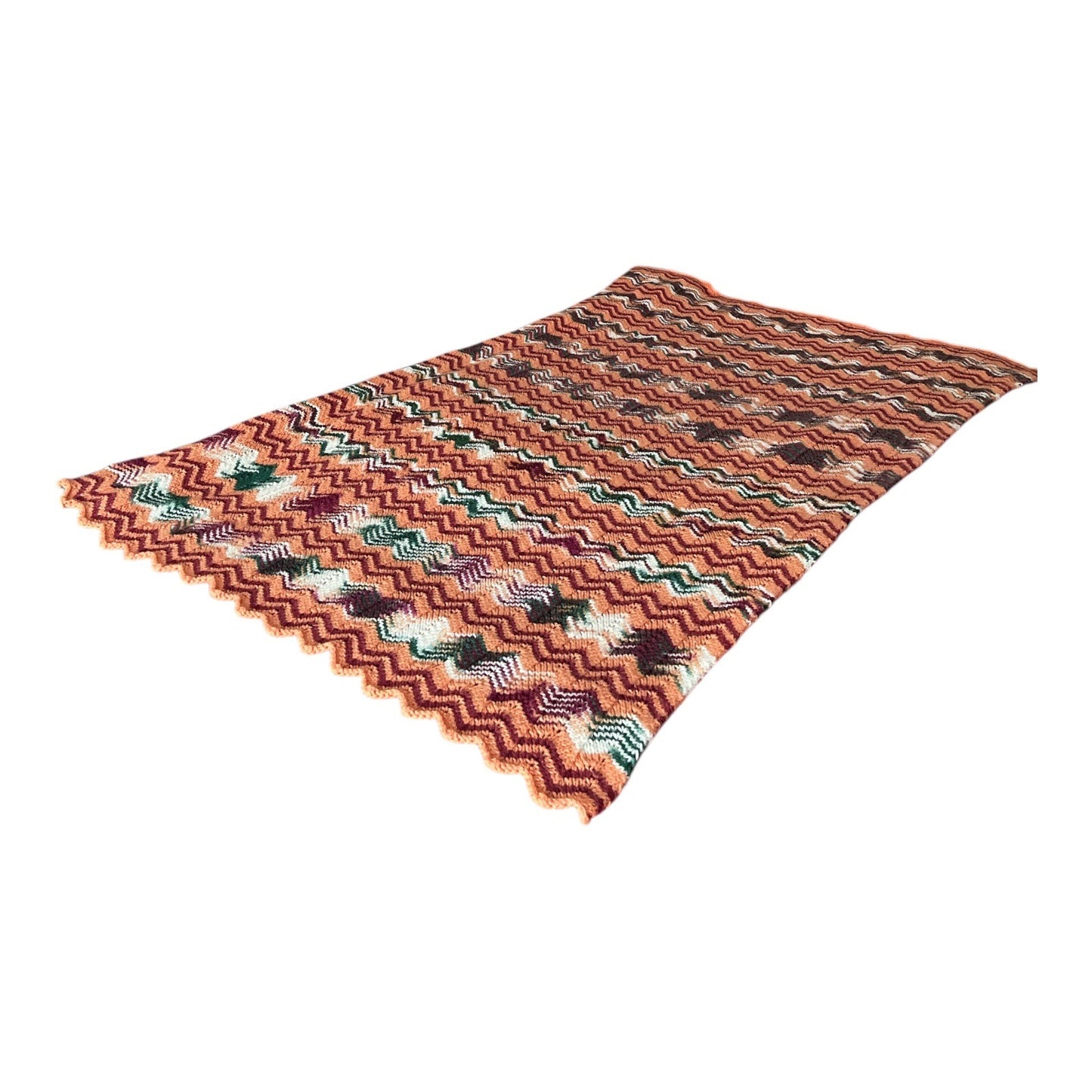 Vintage Hand-Knitted Chevron Blanket – 40 x 69 – Retro Zigzag Throw
