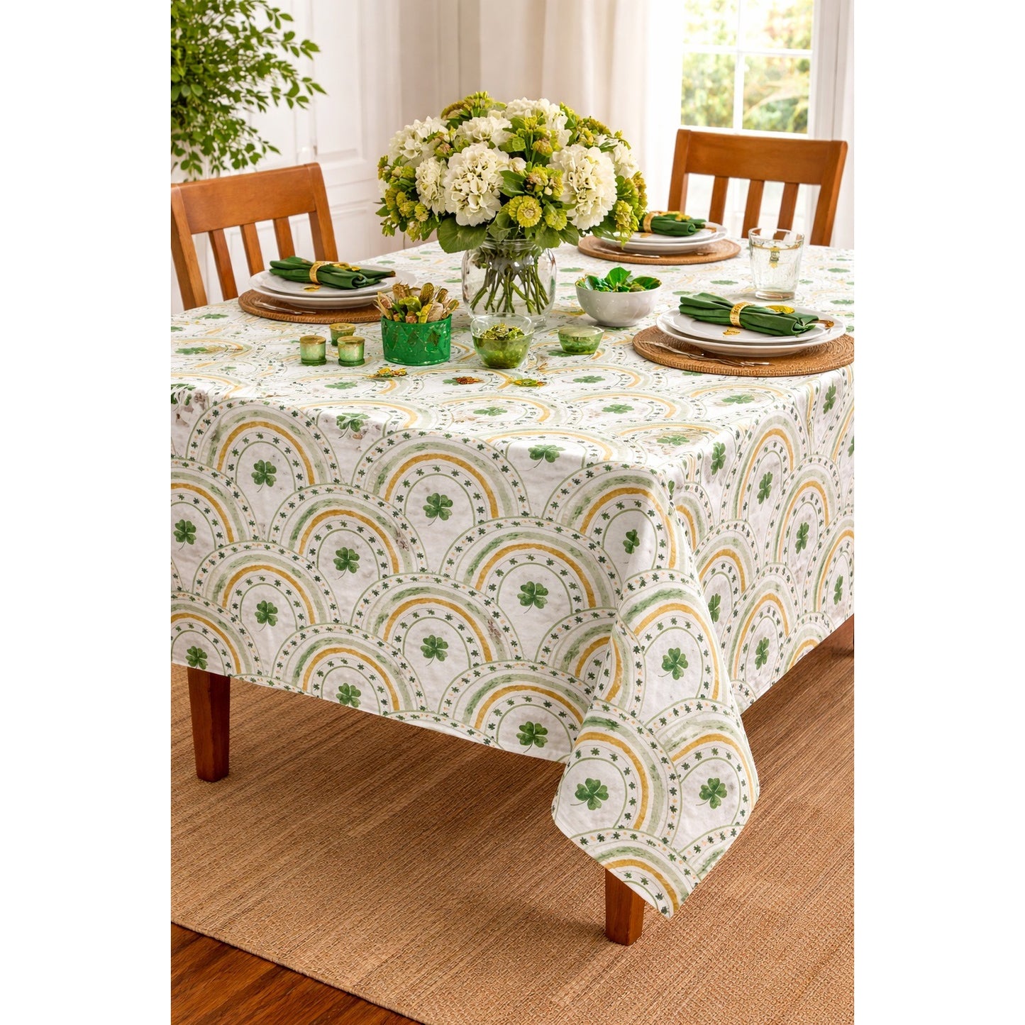 Martha Stewart Shamrock Rainbow Tablecloth St Patrick’s Day Green Gold Linen Blend 58x80