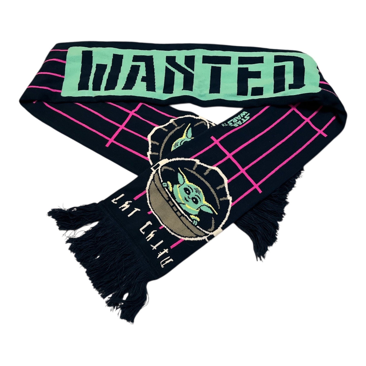 Star Wars Mandalorian Grogu Wanted Scarf Black Neon Grid Fringe One Size