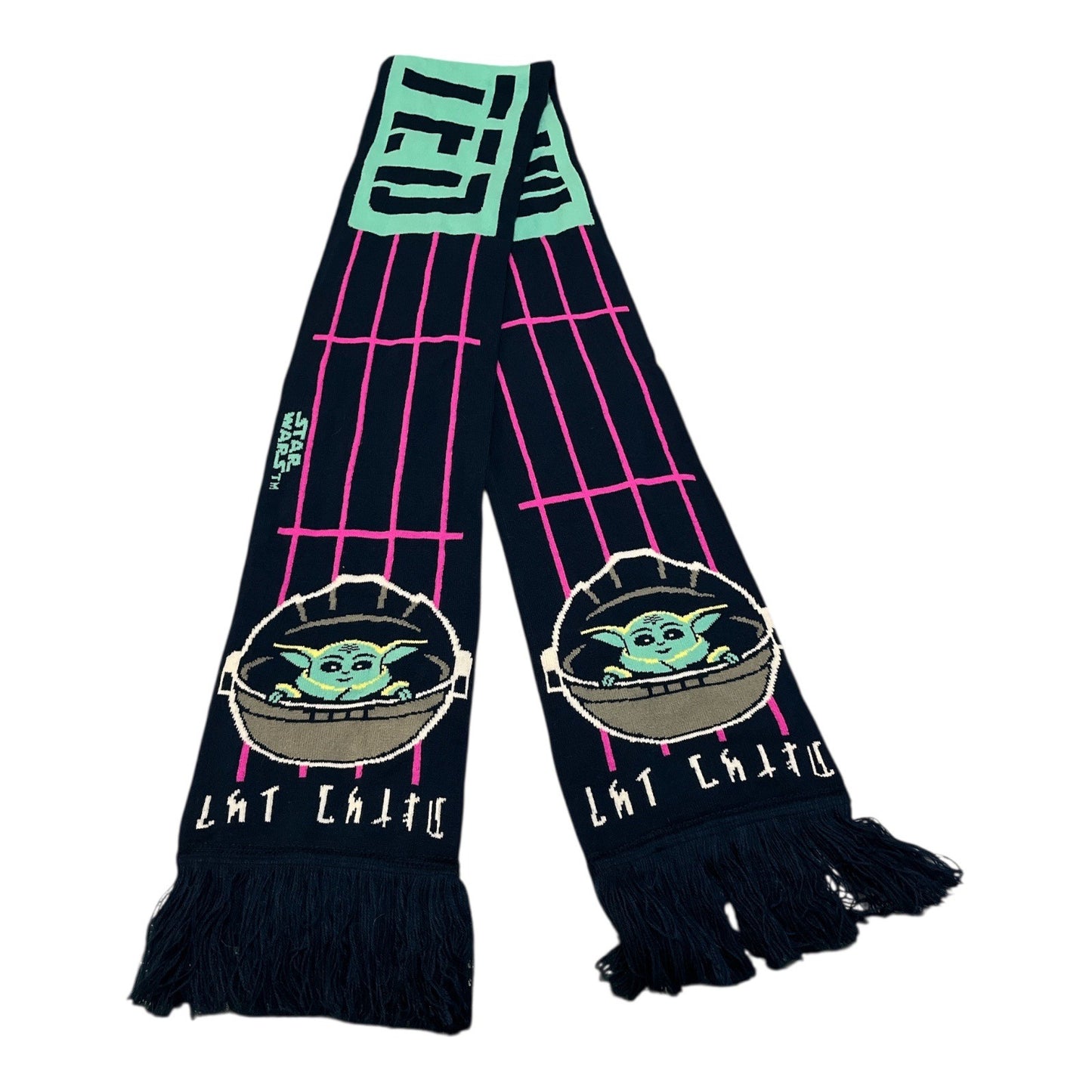Star Wars Mandalorian Grogu Wanted Scarf Black Neon Grid Fringe One Size