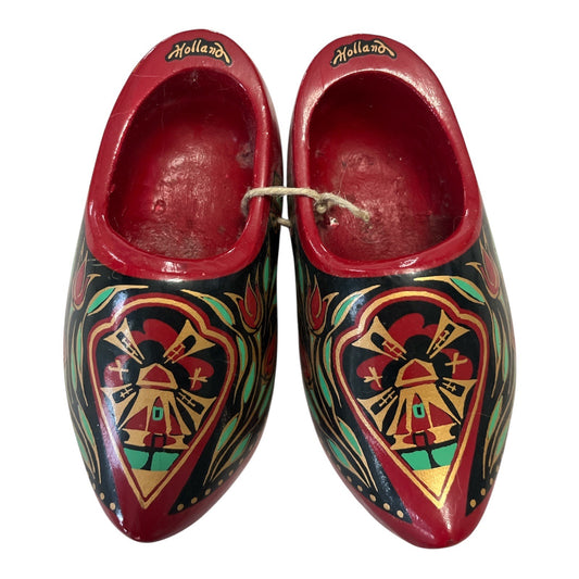 Vintage Dutch Wooden Clogs – Hand Painted Holland Souvenir Mini Shoes, Red Folk Art Decor, 1970s