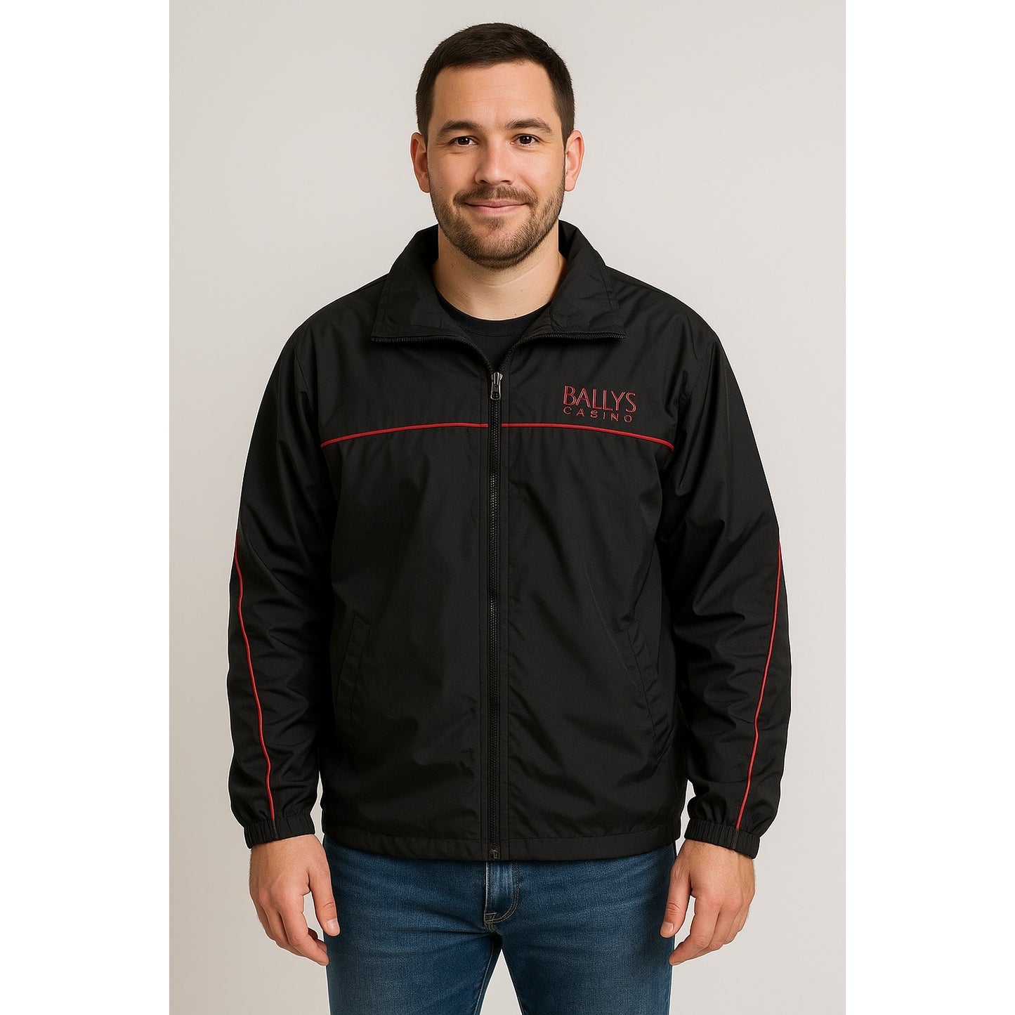 Bally’s Casino Windbreaker Jacket Black Red Trim Full Zip Men’s XL Early 2000s Vintage