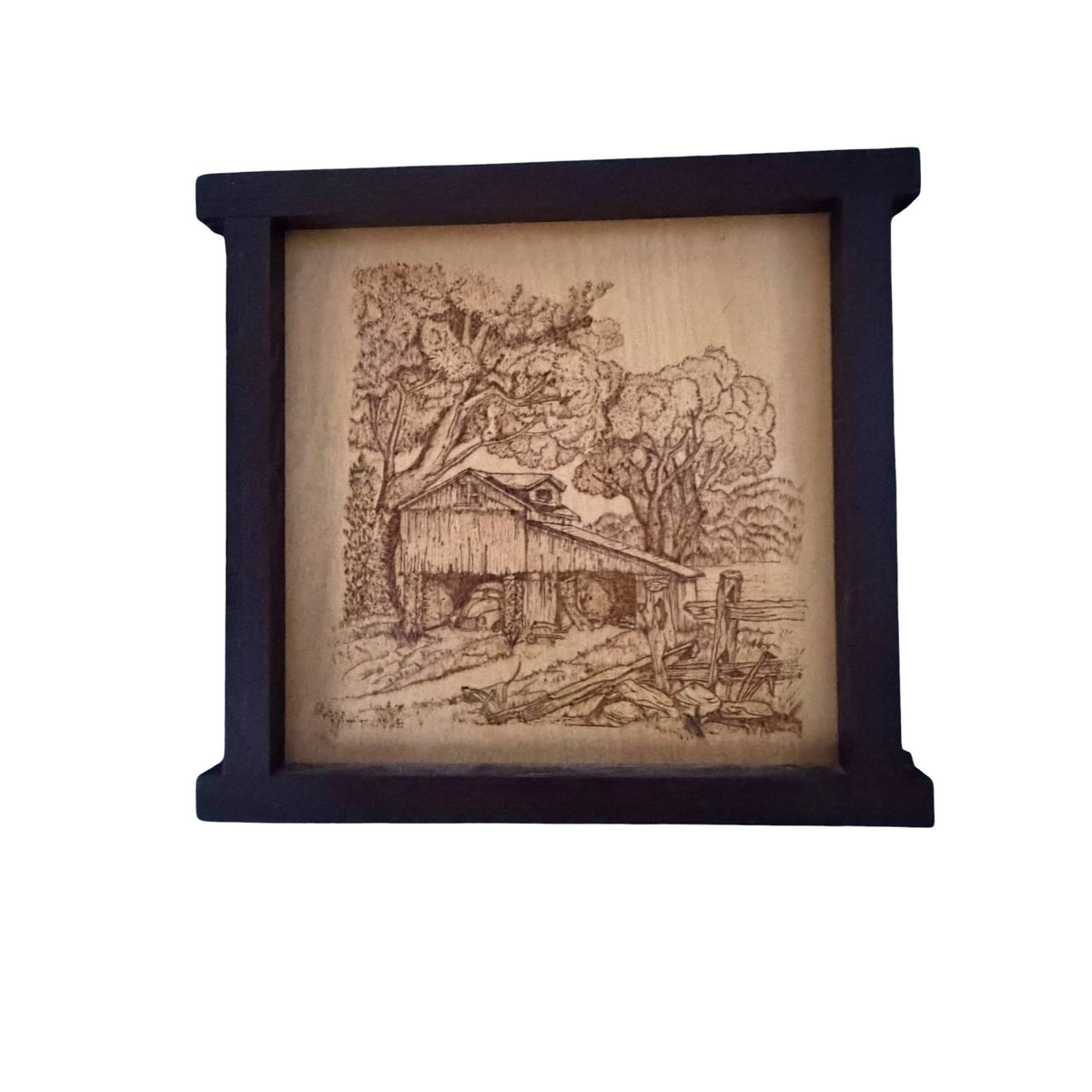 Ron Vittone Original Pyrography Wood Art Rustic Barn Wenge Frame 2012