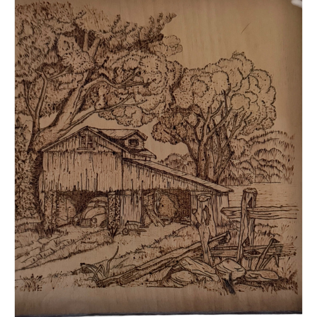 Ron Vittone Original Pyrography Wood Art Rustic Barn Wenge Frame 2012
