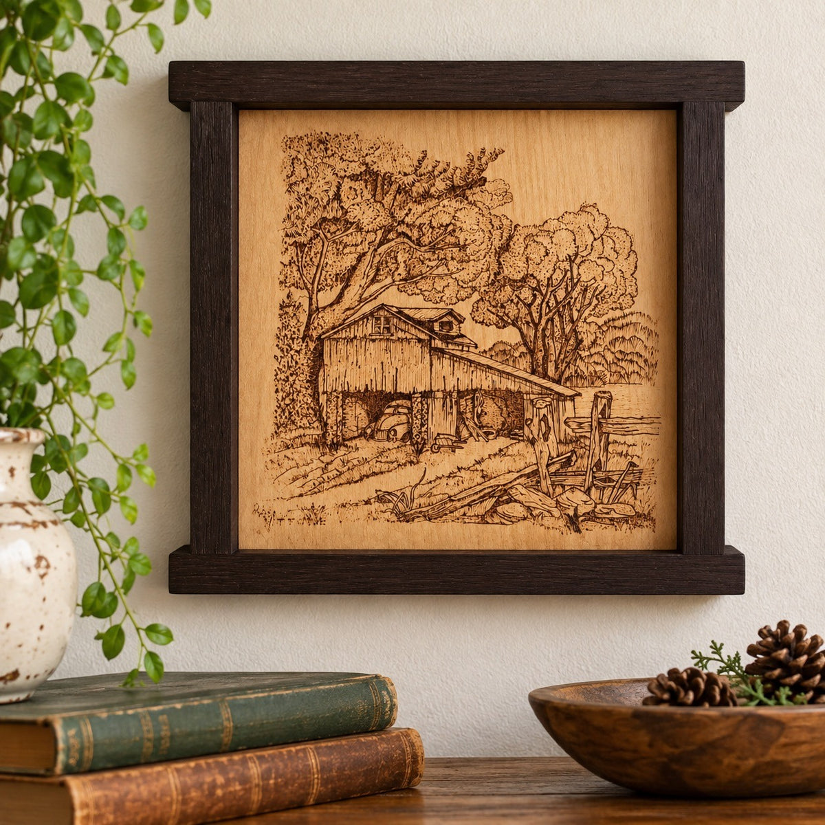 Ron Vittone Original Pyrography Wood Art Rustic Barn Wenge Frame 2012