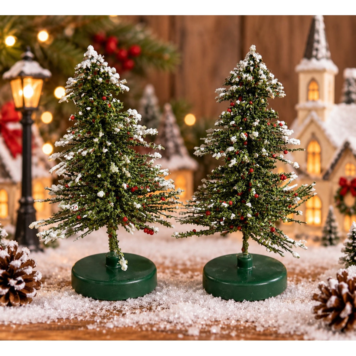 Vintage Taiwan Miniature Snow Flocked Christmas Village Pine Trees 4.5 Inch Pair
