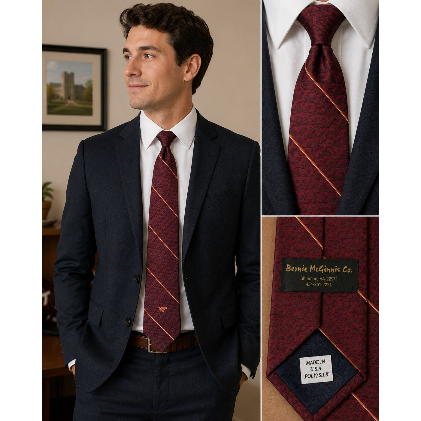 Virginia Tech Hokies VT Logo Necktie Burgundy Geometric Collegiate Made in USA