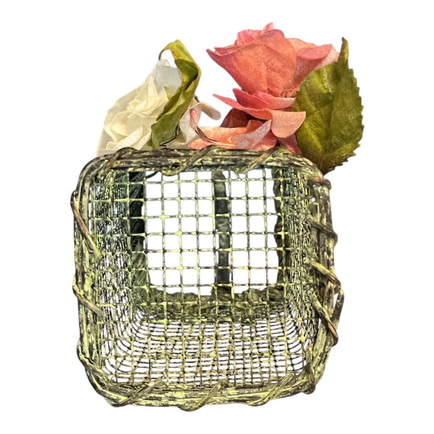 Vintage Wire Floral Basket – Sculpted Metal with Distressed Green Finish – 12 x 4"