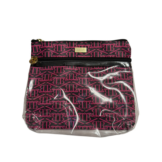 Badgley Mischka Pink Black BM Monogram Clear Cosmetic Travel Bag Double Zip 8"
