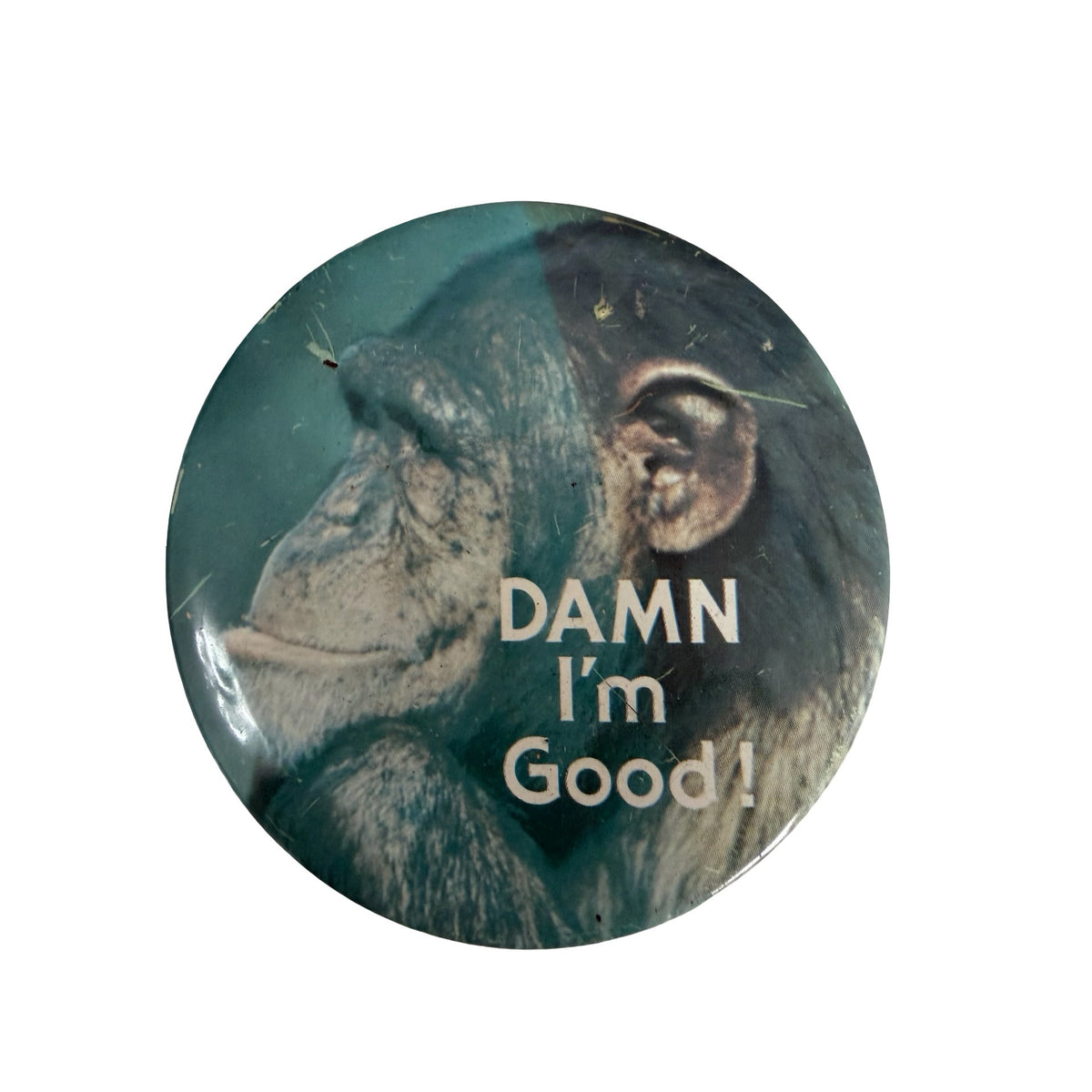 Vintage Chimpanzee Damn I'm Good 3 Inch Funny Novelty Pinback Button