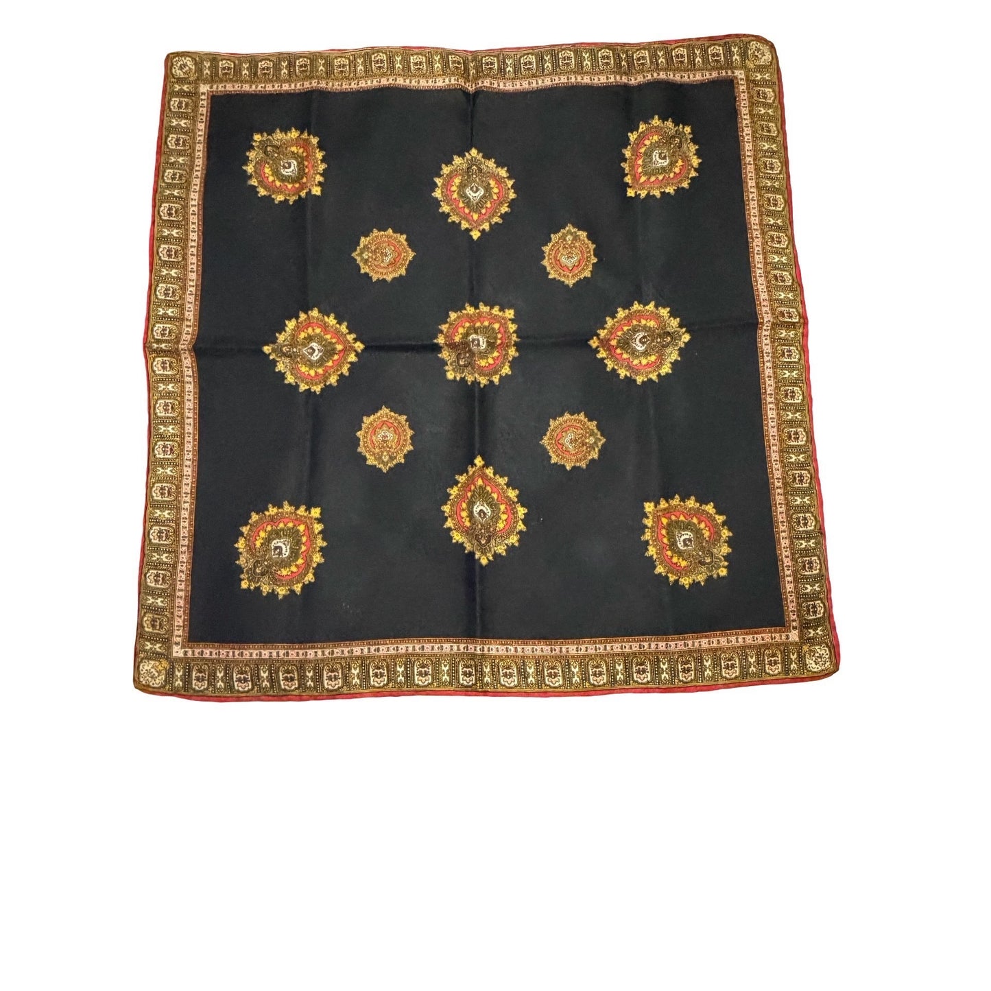 Vintage Black Paisley Print Scarf Handkerchief Red Gold Border 19 Inch Square