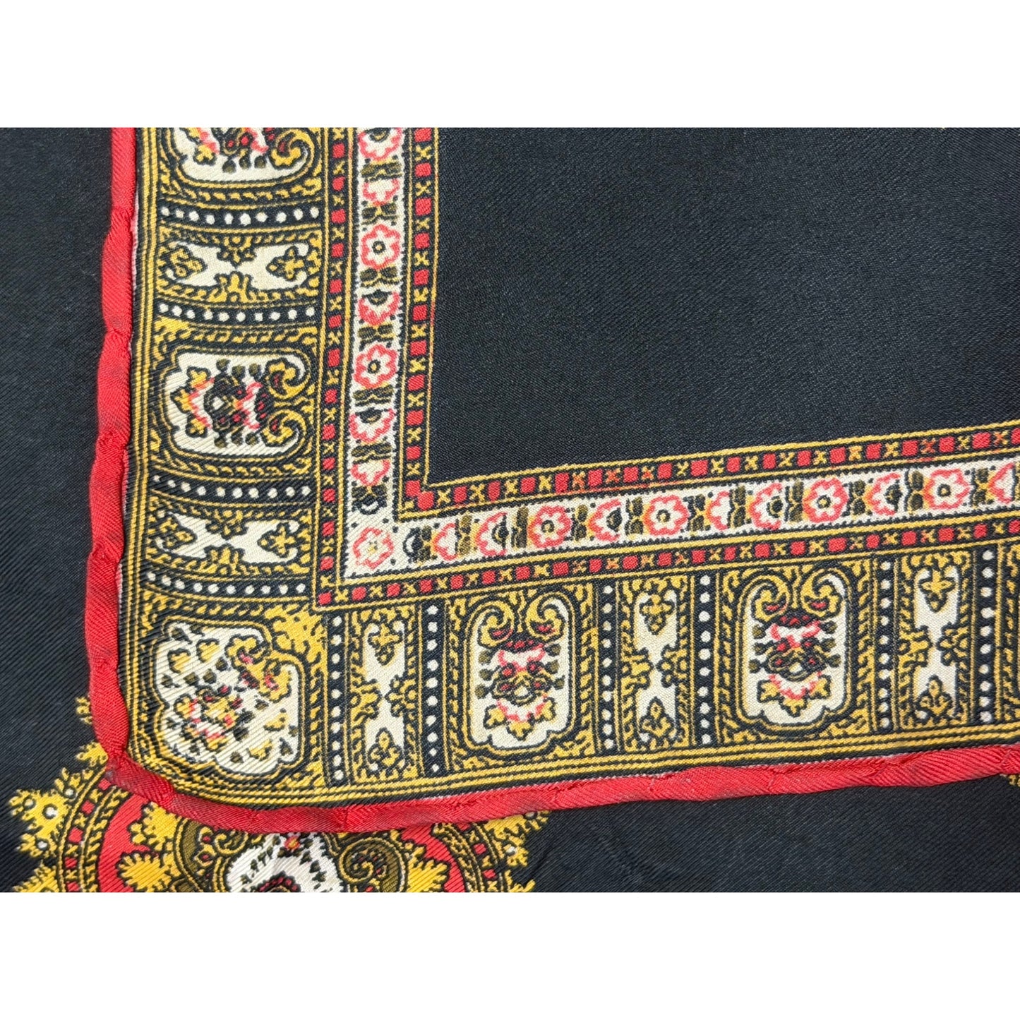 Vintage Black Paisley Print Scarf Handkerchief Red Gold Border 19 Inch Square