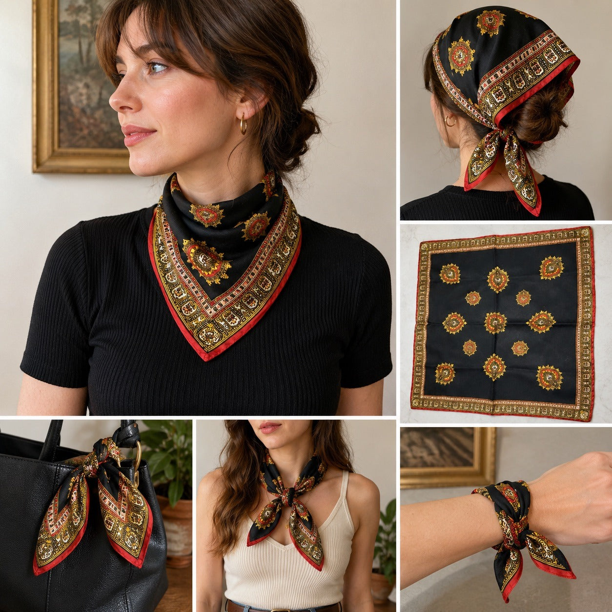 Vintage Black Paisley Print Scarf Handkerchief Red Gold Border 19 Inch Square