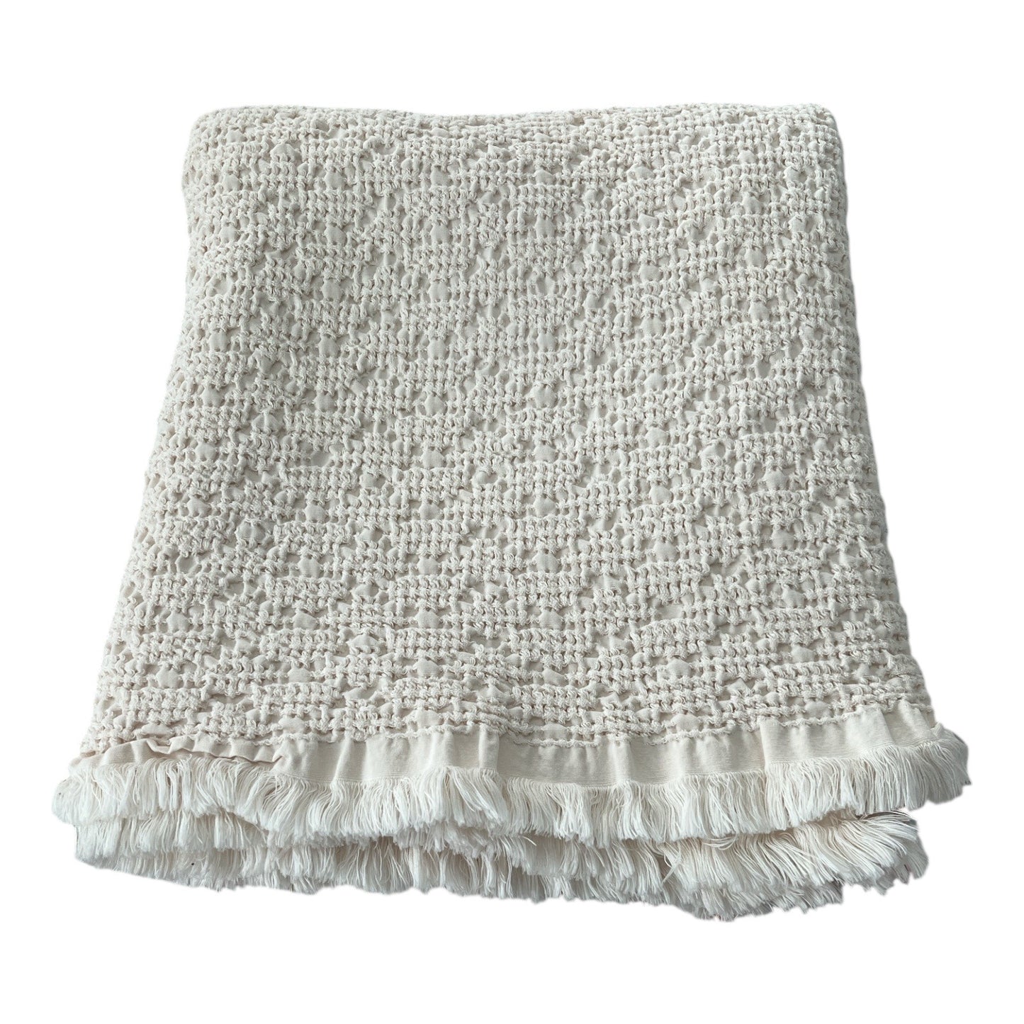 Vela Home Ivory Textured Cotton Throw Blanket – Woven Fringe Edge – Made in Portugal