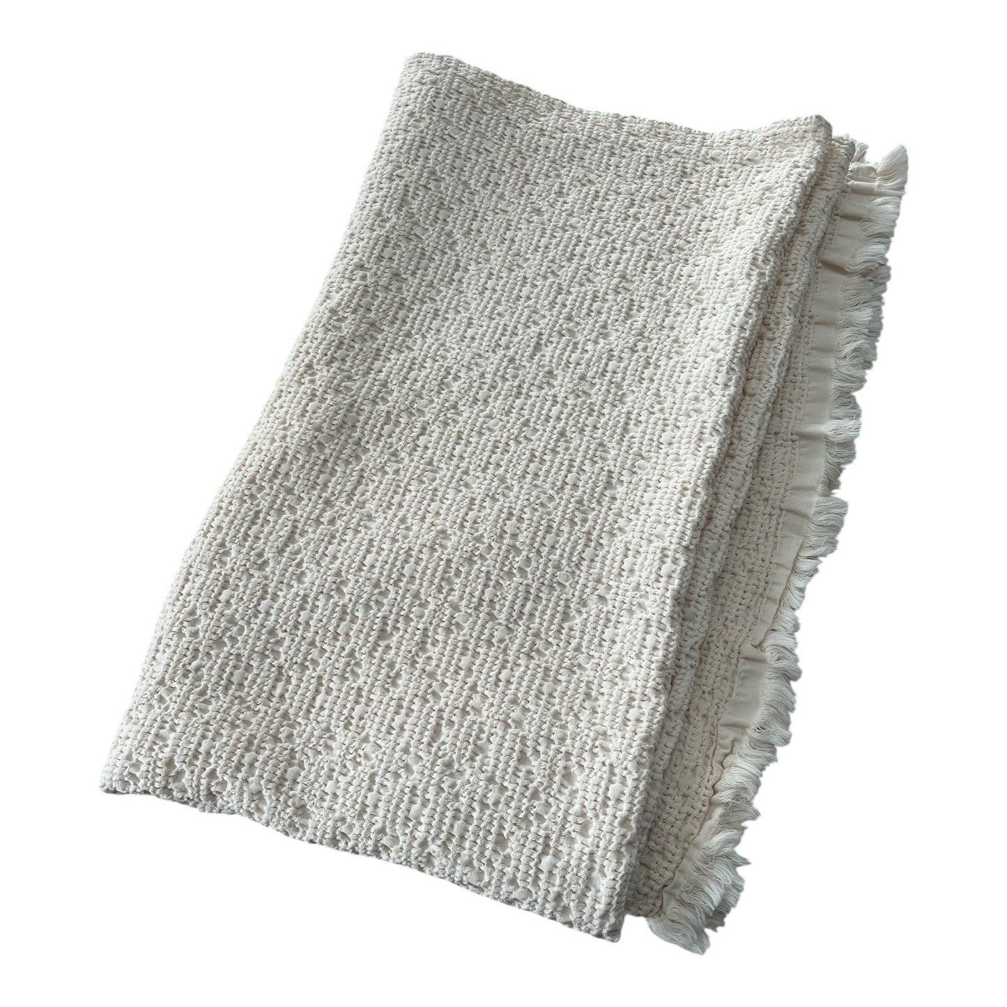 Vela Home Ivory Textured Cotton Throw Blanket – Woven Fringe Edge – Made in Portugal
