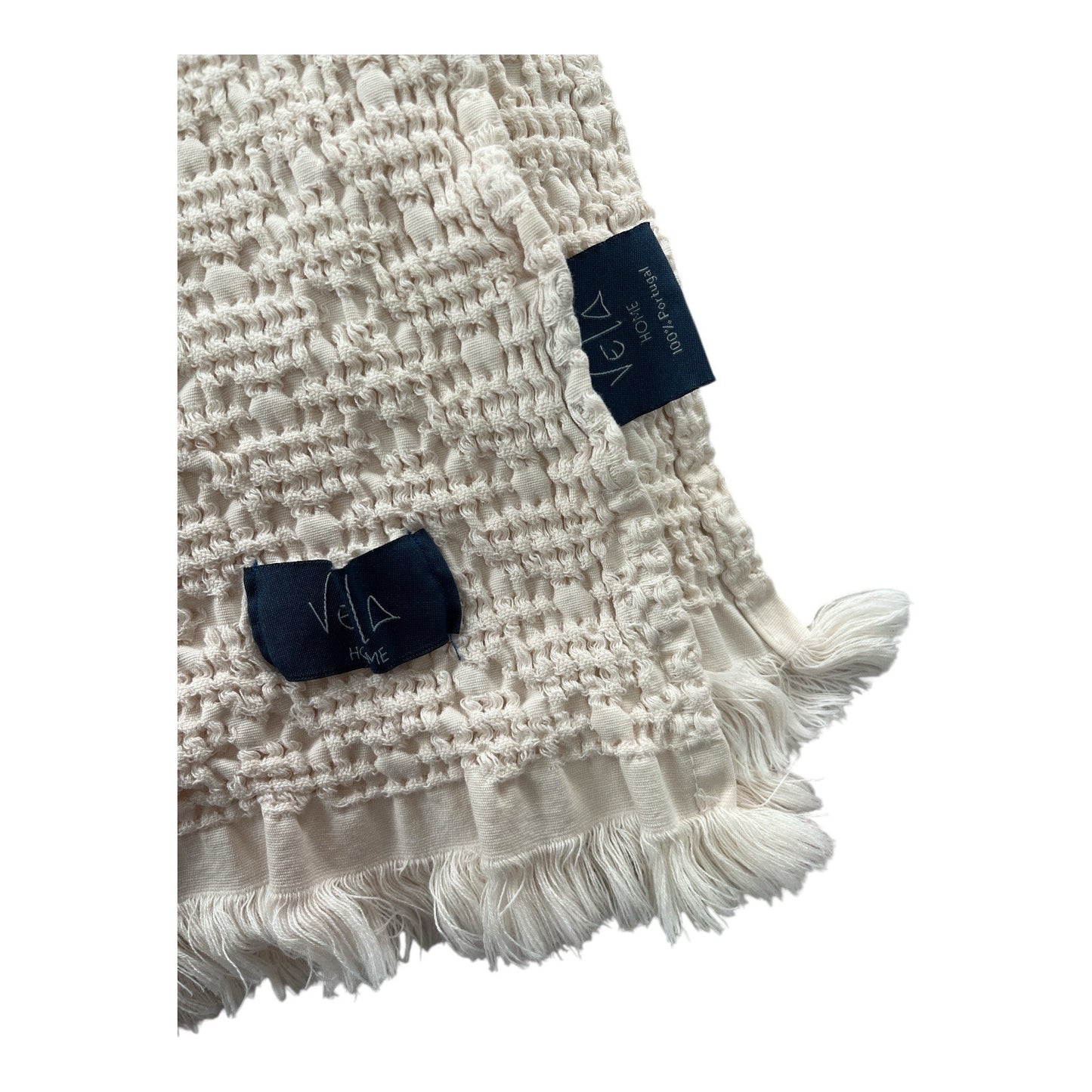 Vela Home Ivory Textured Cotton Throw Blanket – Woven Fringe Edge – Made in Portugal