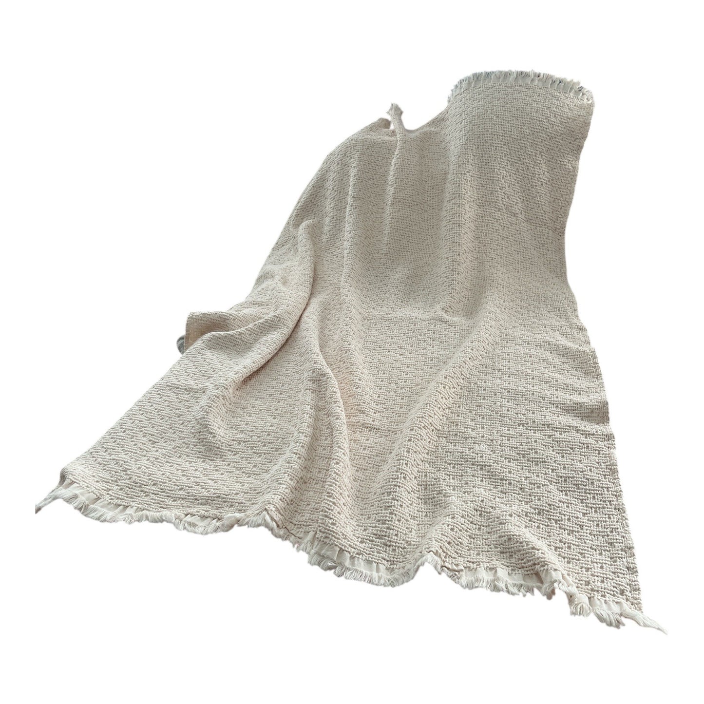 Vela Home Ivory Textured Cotton Throw Blanket – Woven Fringe Edge – Made in Portugal