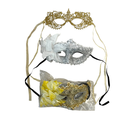 Set of 3 Decorative Masquerade Masks – Gold, Silver & Floral Accents – Lace & Ribbon Detail