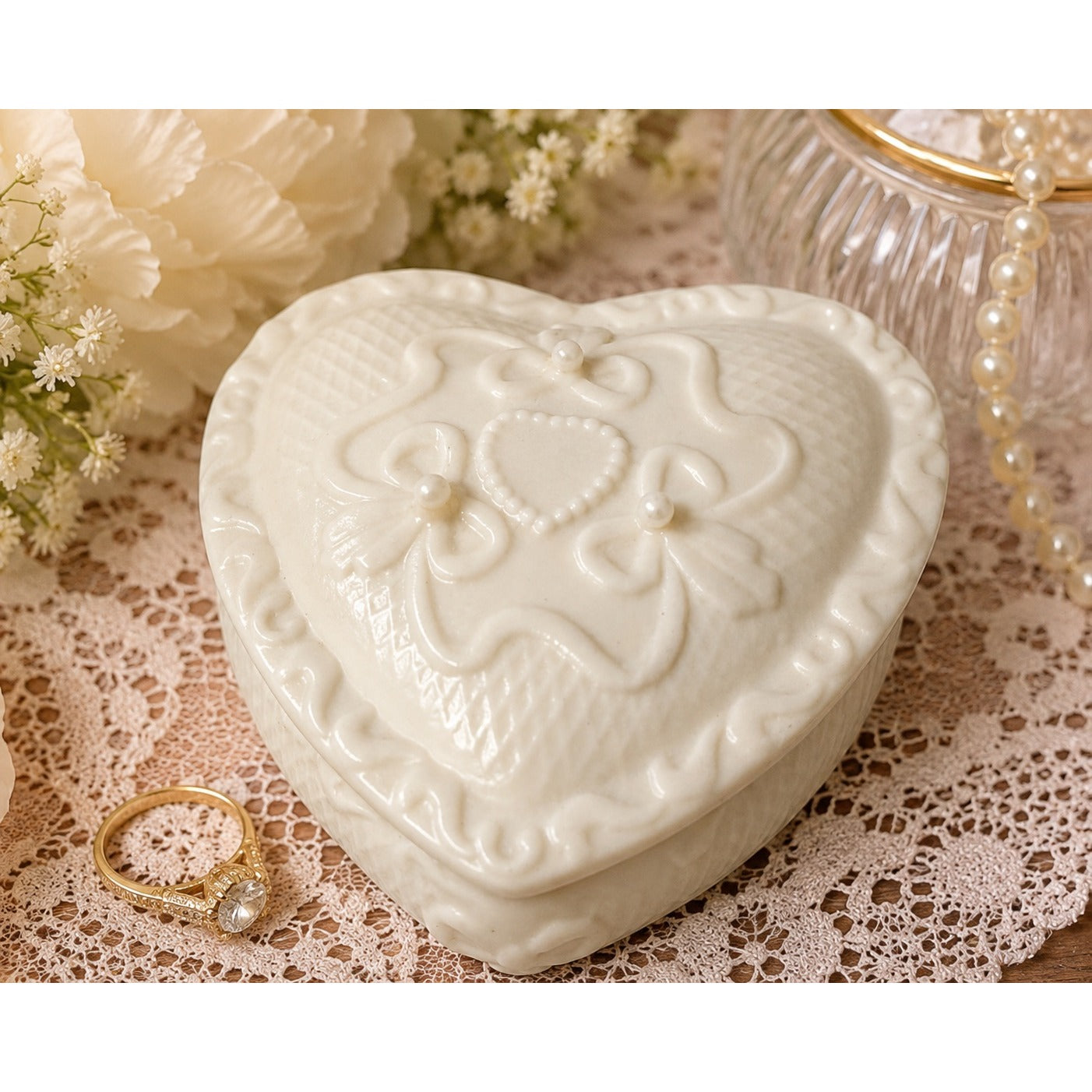 Vintage White Heart Trinket Box Ceramic Wedding Favor Ring Box Pearl Accents
