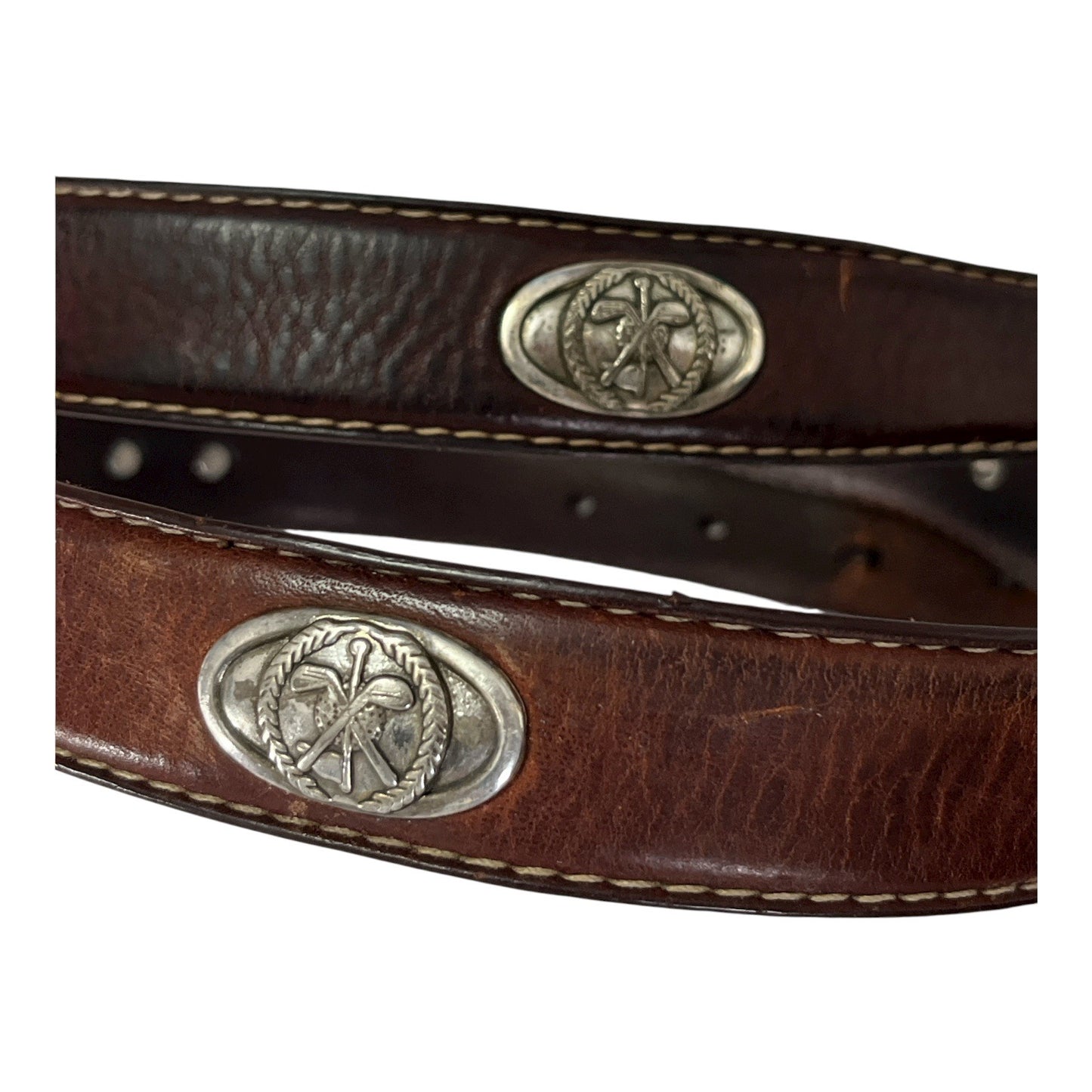 Vtg Italian Fossil Full Grain Cowhide Leather Belt w/ Silver-Tone Golf Club Medallions