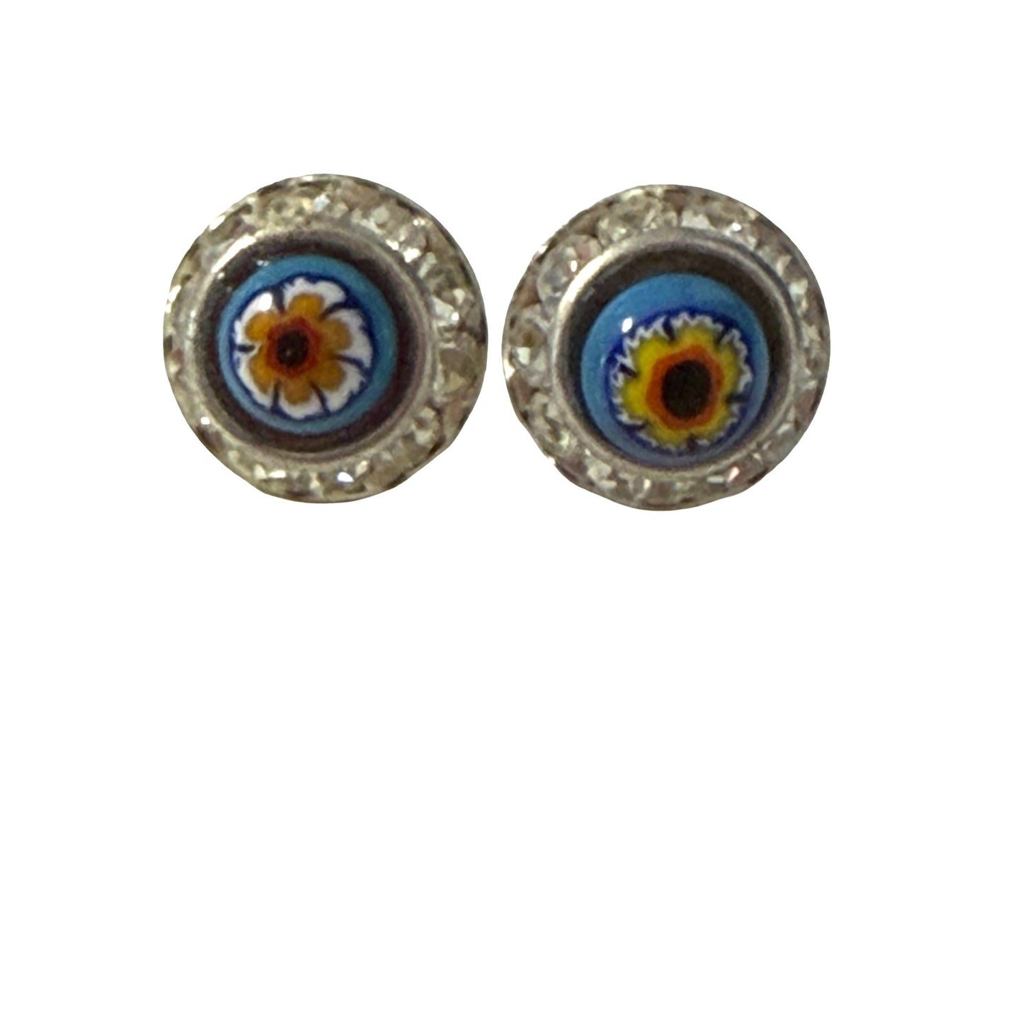 Vintage Millefiori Glass Flower Stud Earrings Small Rhinestone Halo Blue Floral Pair