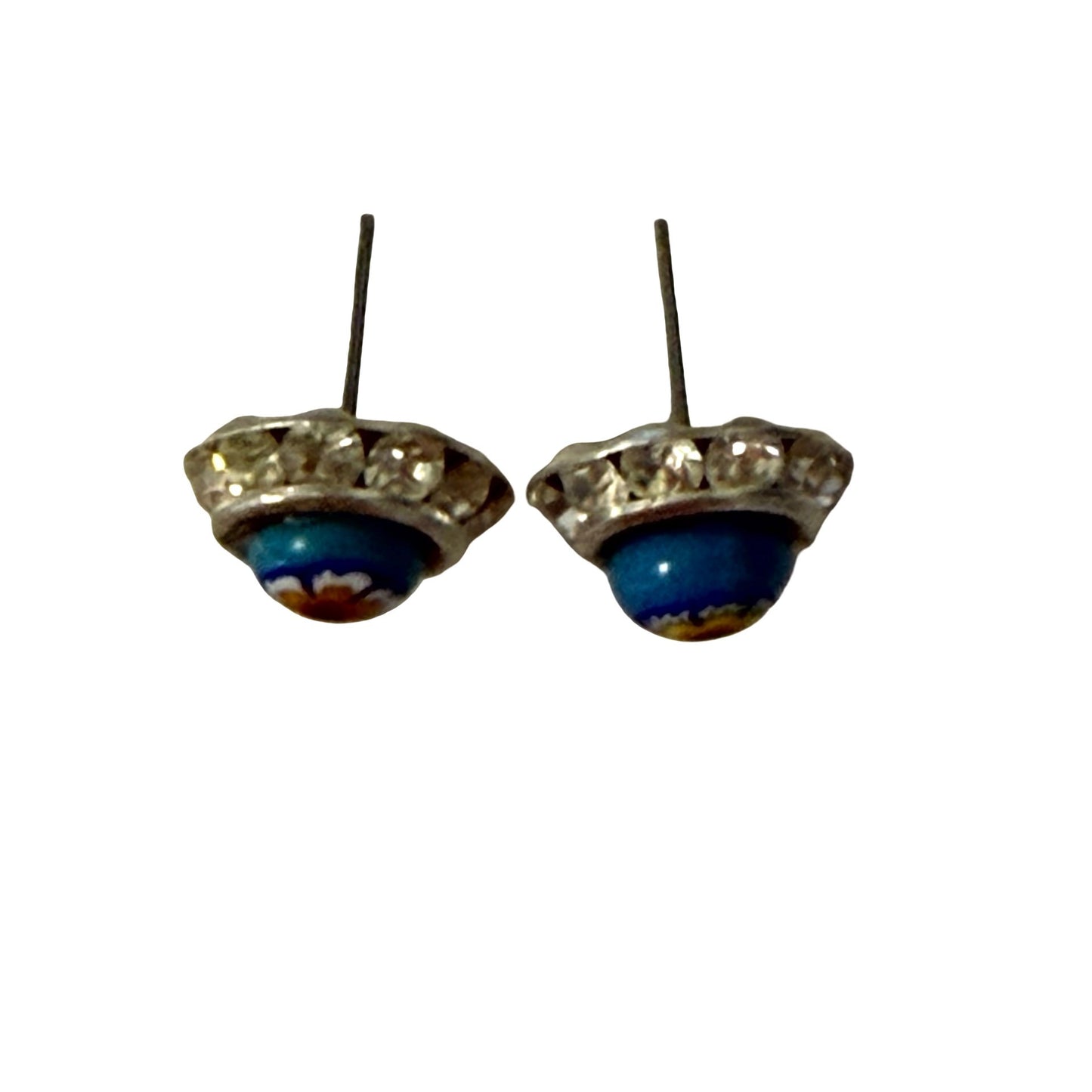 Vintage Millefiori Glass Flower Stud Earrings Small Rhinestone Halo Blue Floral Pair