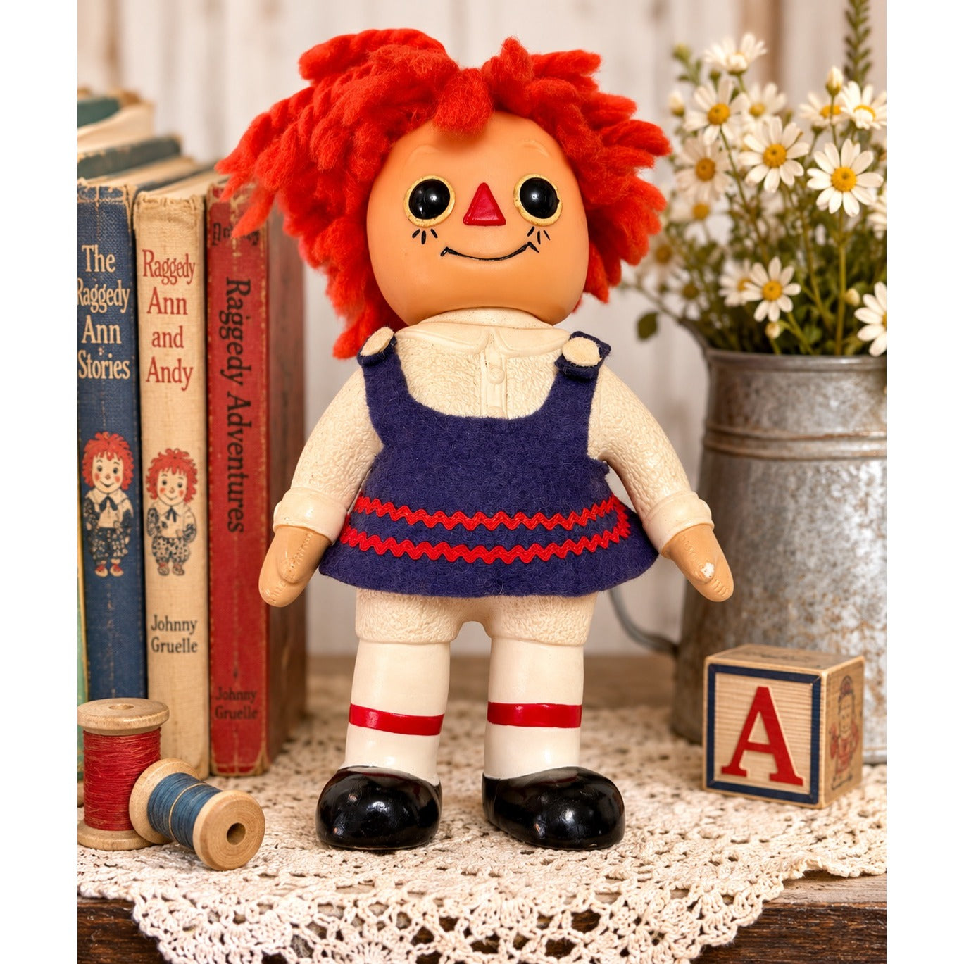 Vintage 1974 Raggedy Ann Vinyl Doll 8" Royalty Industries Knickerbocker Red Yarn Hair