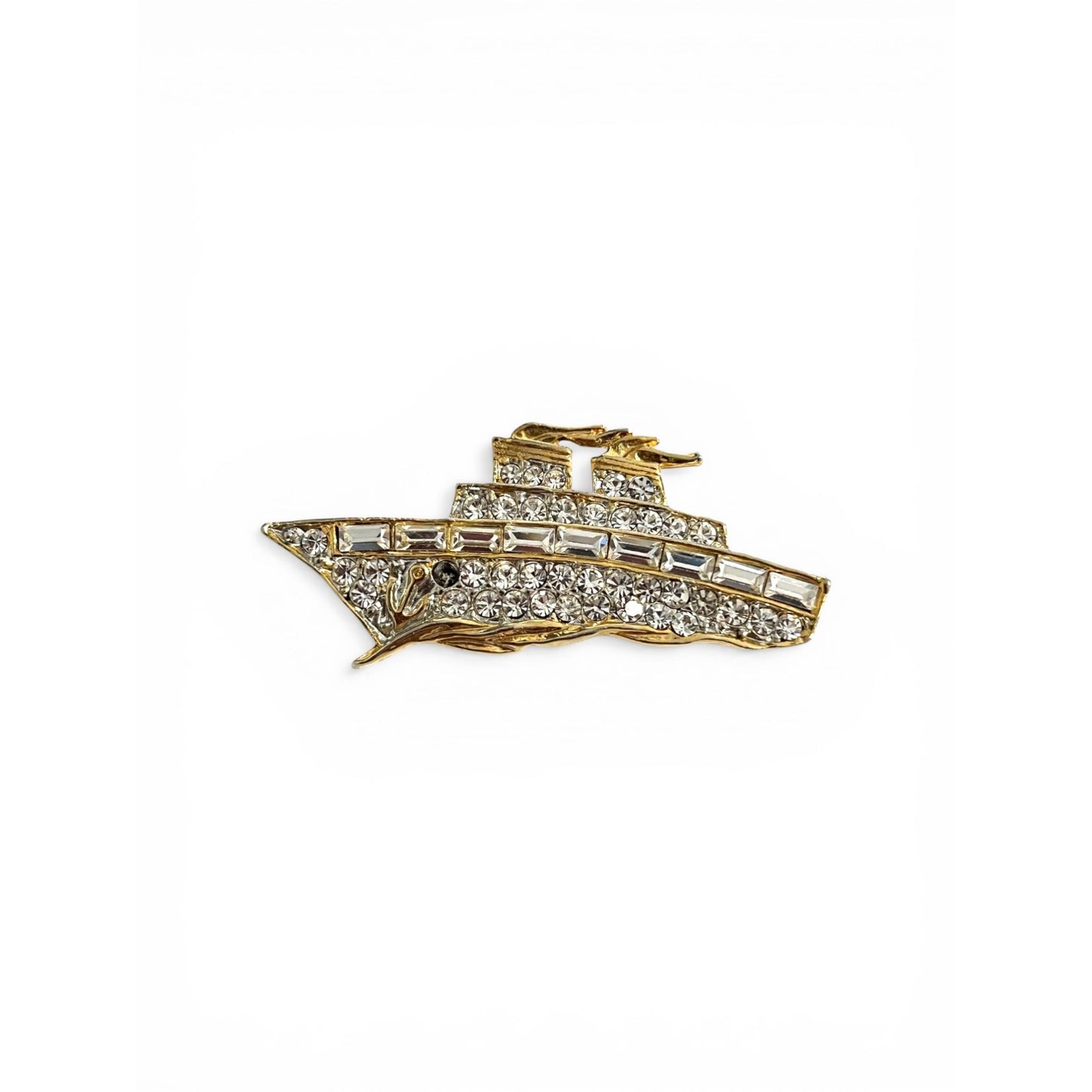 Vintage Rhinestone Cruise Ship Brooch Gold Tone Boat Pin Nautical Jewelry 2.25”