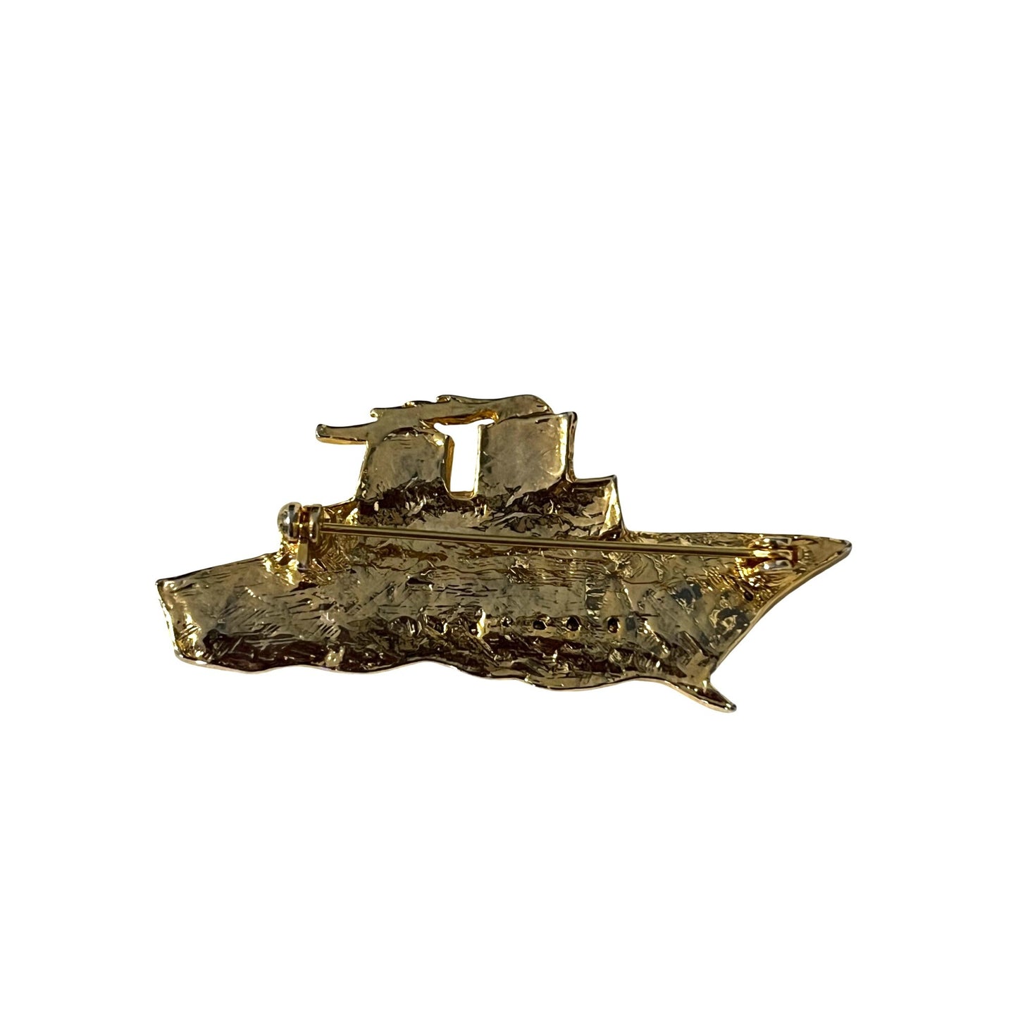 Vintage Rhinestone Cruise Ship Brooch Gold Tone Boat Pin Nautical Jewelry 2.25”