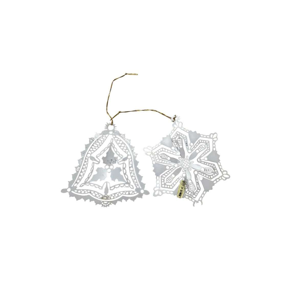 Vintage Taiwan Filigree Metal Christmas Ornaments Bell Snowflake Pair 3"