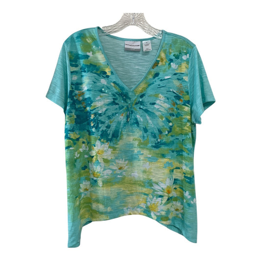 Alfred Dunner Petite Large Butterfly Floral Embellished Short Sleeve Top – Aqua Blue Green