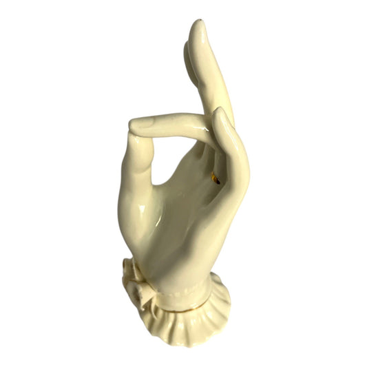 1950s-60s Ceramic Hand Figurine with Gold Accent Ring and Flowers