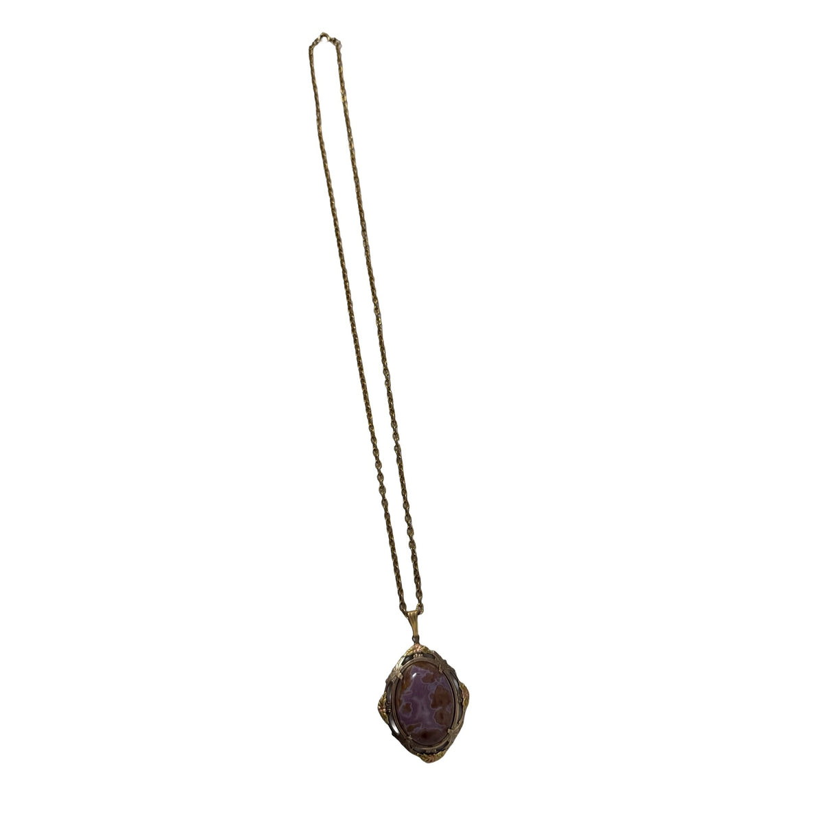 Vintage Purple Lace Agate Cabochon Pendant Necklace 24" Victorian Revival