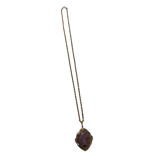 Vintage Purple Lace Agate Cabochon Pendant Necklace 24" Victorian Revival