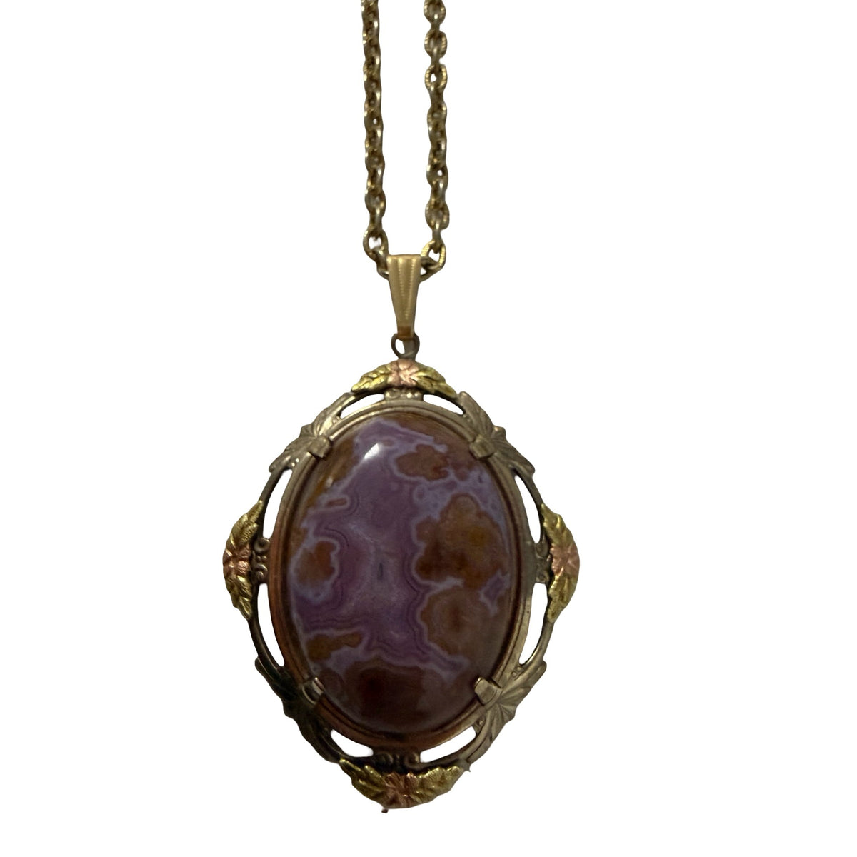 Vintage Purple Lace Agate Cabochon Pendant Necklace 24" Victorian Revival