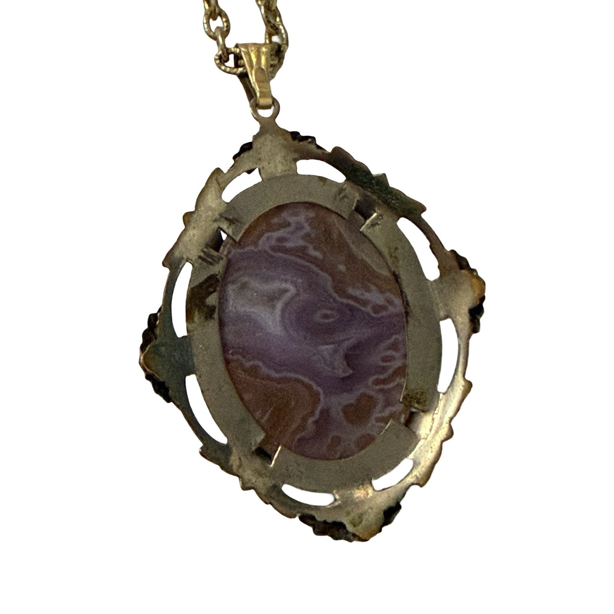 Vintage Purple Lace Agate Cabochon Pendant Necklace 24" Victorian Revival