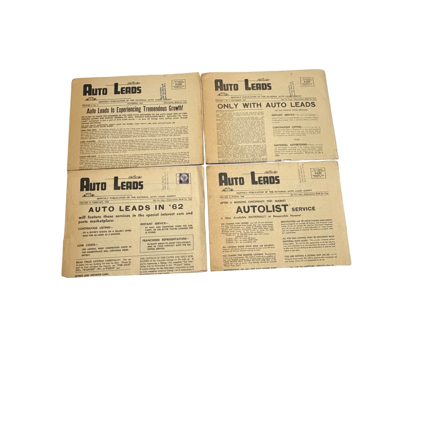 Vintage Auto Leads Newspaper Lot of 4 November 1961 March 1962 Classic Car Parts Publications