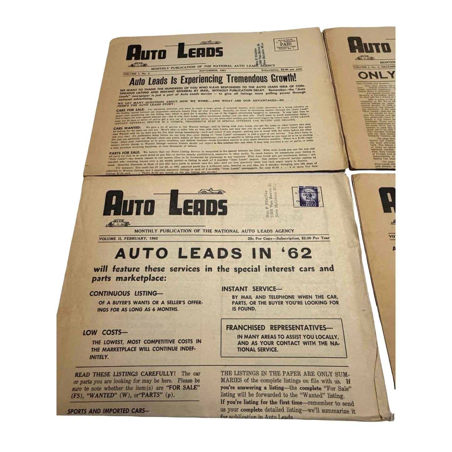 Vintage Auto Leads Newspaper Lot of 4 November 1961 March 1962 Classic Car Parts Publications