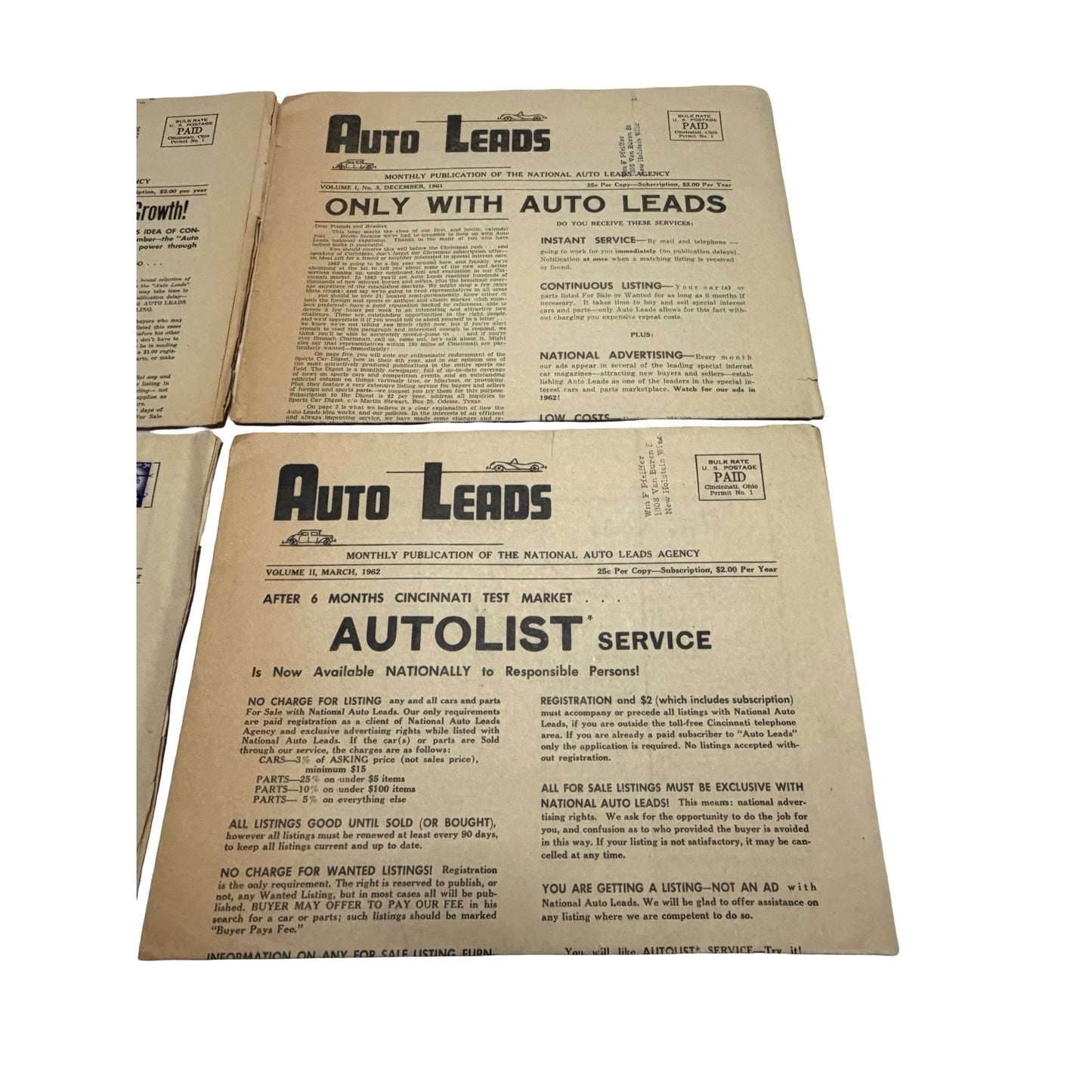 Vintage Auto Leads Newspaper Lot of 4 November 1961 March 1962 Classic Car Parts Publications
