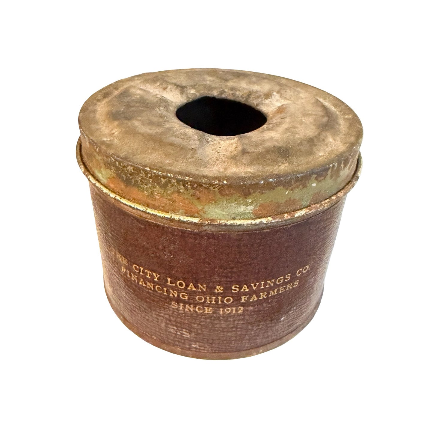 Vintage City Loan & Savings Co Ohio Farmers Advertising Leather Wrapped Metal Ashtray Tobacciana