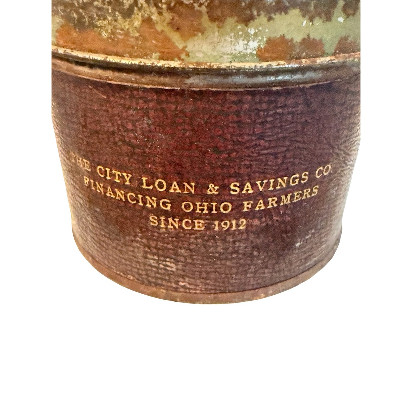 Vintage City Loan & Savings Co Ohio Farmers Advertising Leather Wrapped Metal Ashtray Tobacciana