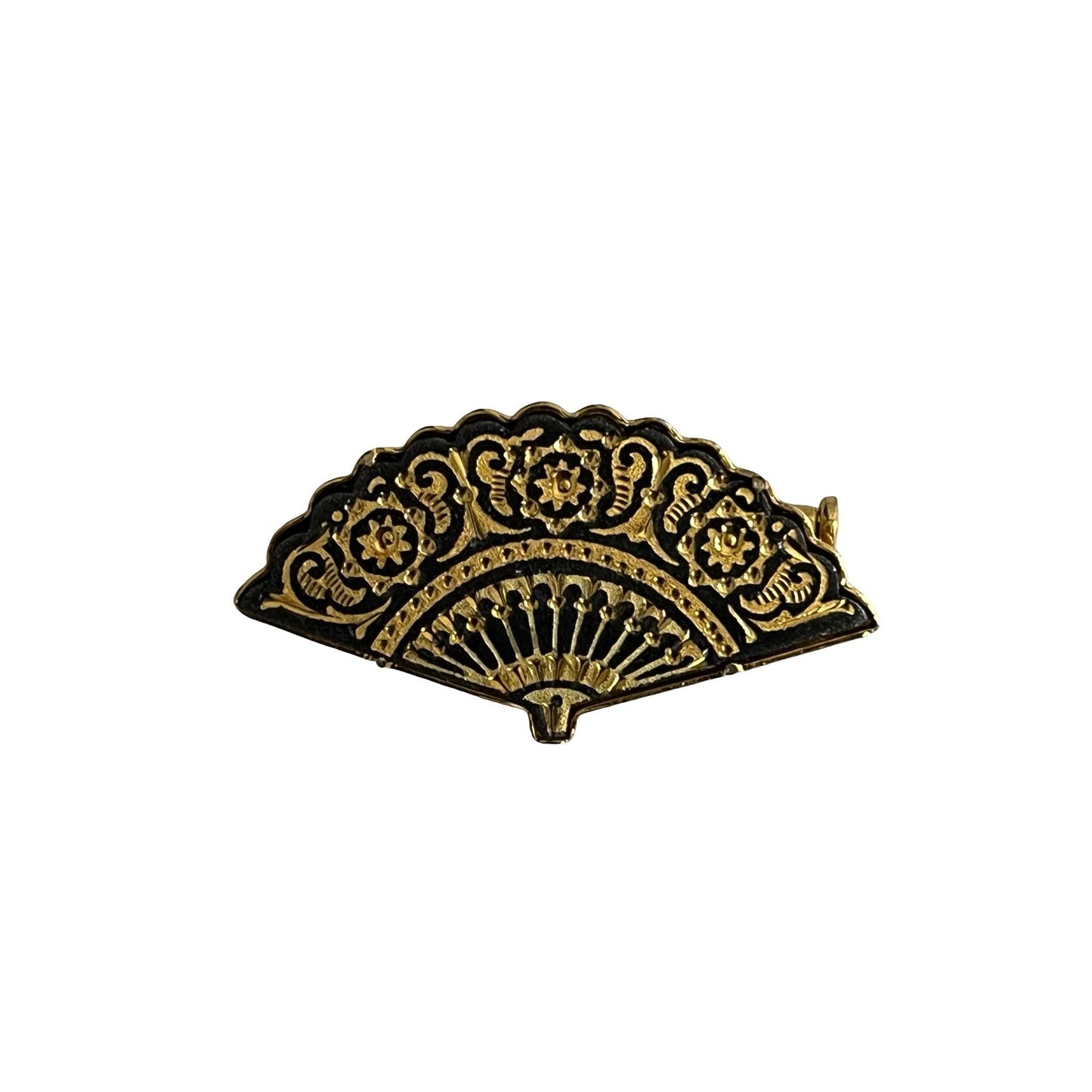 Vintage Gold Tone Fan Brooch Black Enamel Filigree Floral Folding Fan Pin