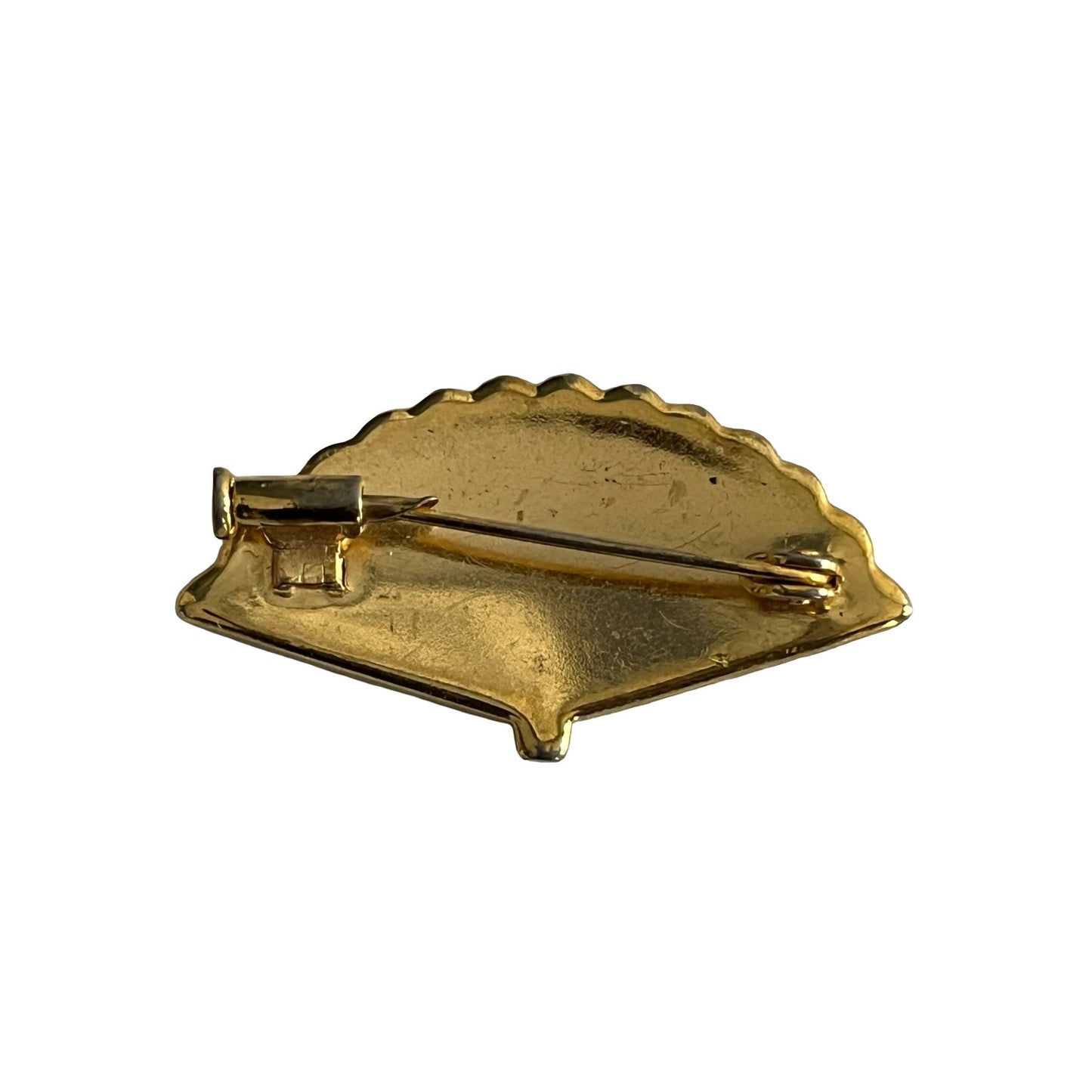Vintage Gold Tone Fan Brooch Black Enamel Filigree Floral Folding Fan Pin