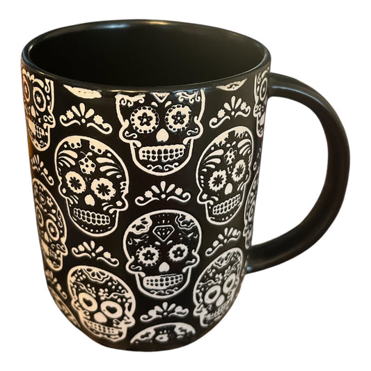 Market Finds MRKT Black Sugar Skull Mug – Dia de los Muertos Halloween Gothic Coffee Cup – 3.5" x 5"