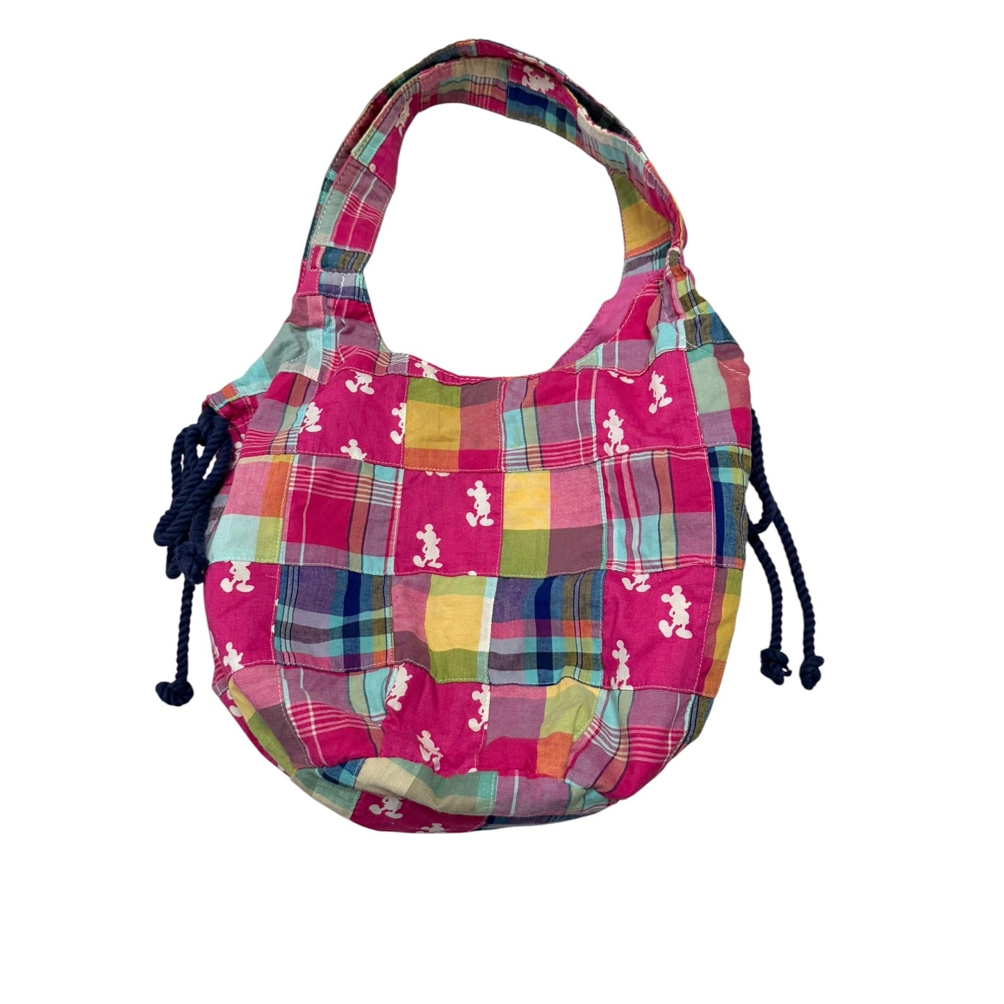 Disney Parks Mickey Mouse Patchwork Plaid Drawstring Hobo Shoulder Bag Pink