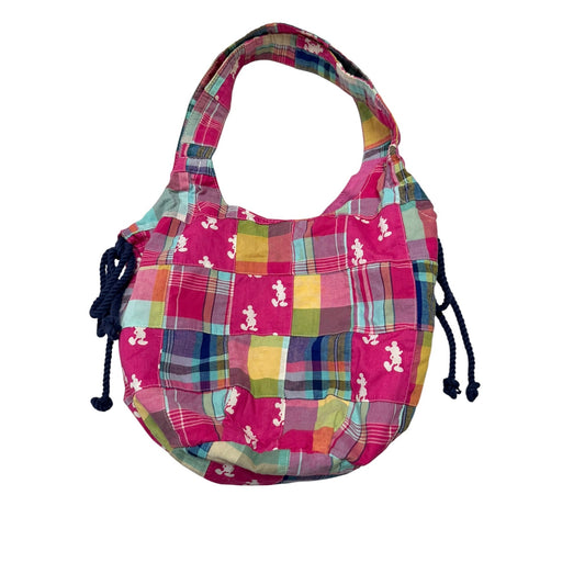 Disney Parks Mickey Mouse Patchwork Plaid Drawstring Hobo Shoulder Bag Pink