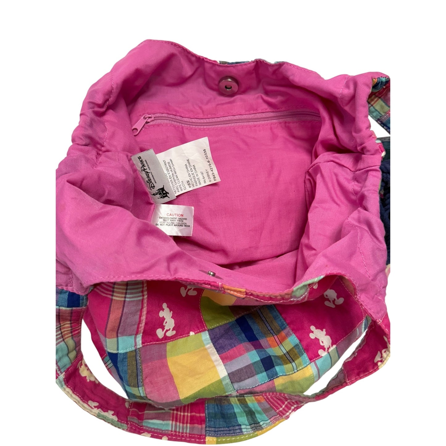 Disney Parks Mickey Mouse Patchwork Plaid Drawstring Hobo Shoulder Bag Pink