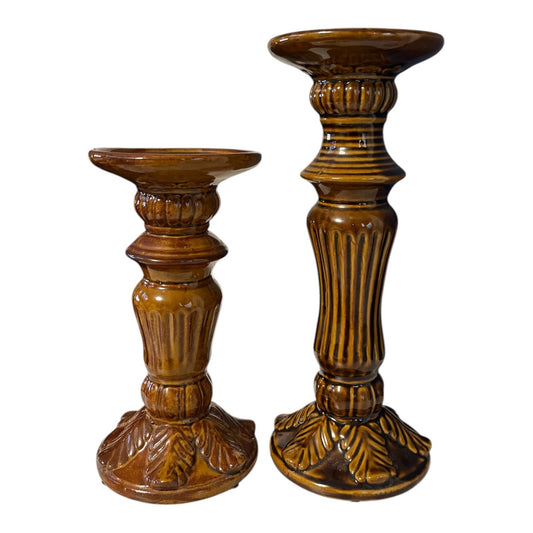 Vintage Brown Ceramic Candlestick Holders Set of 2 Mid Century Hollywood Regency 1970s
