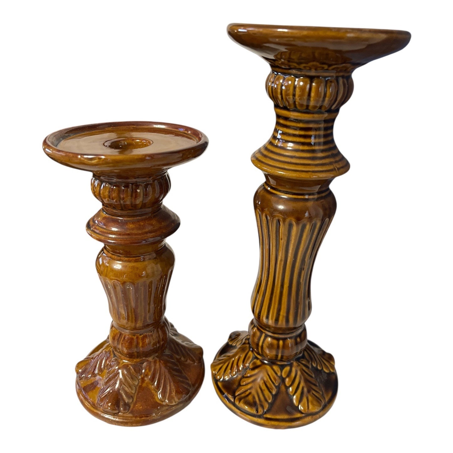 Vintage Brown Ceramic Candlestick Holders Set of 2 Mid Century Hollywood Regency 1970s