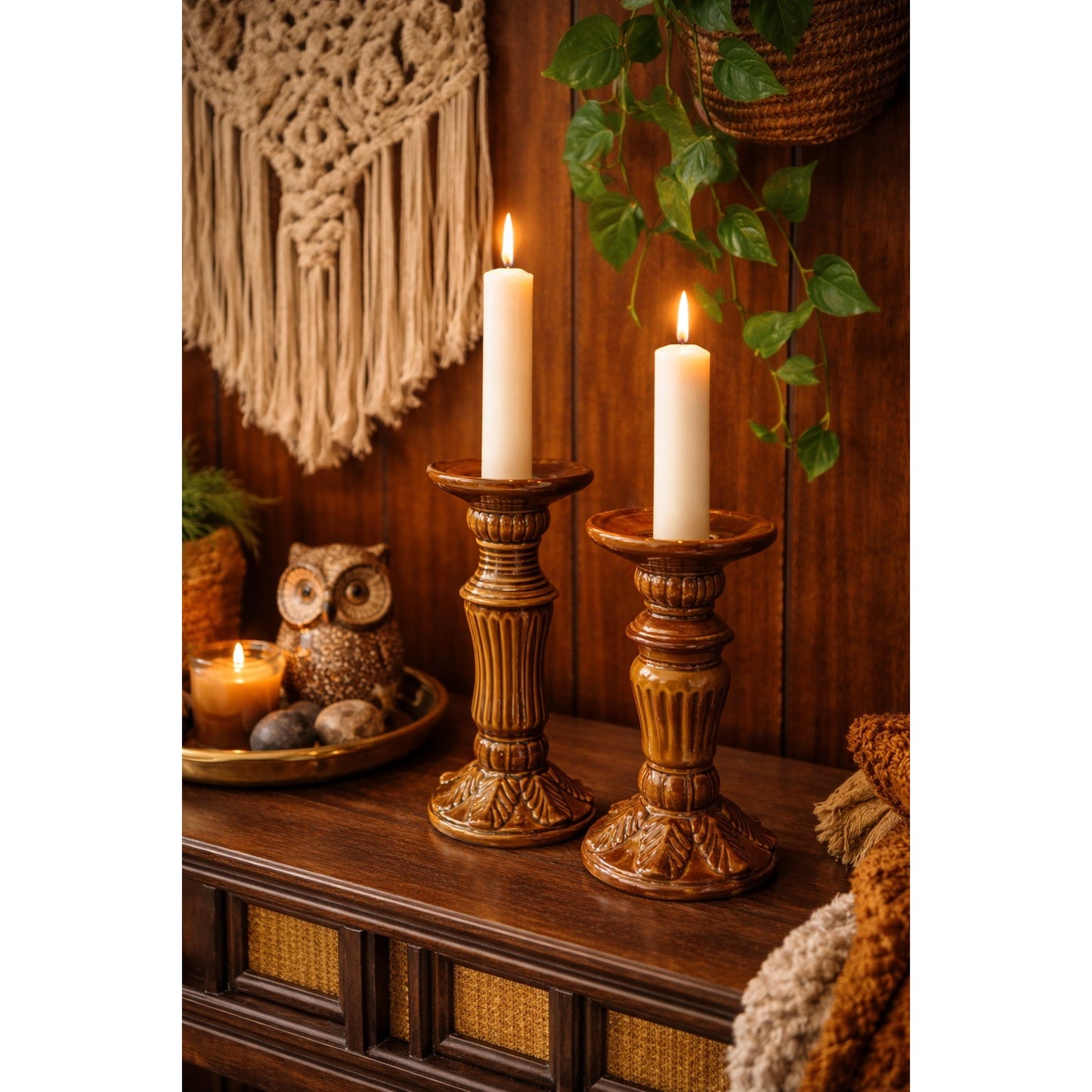 Vintage Brown Ceramic Candlestick Holders Set of 2 Mid Century Hollywood Regency 1970s